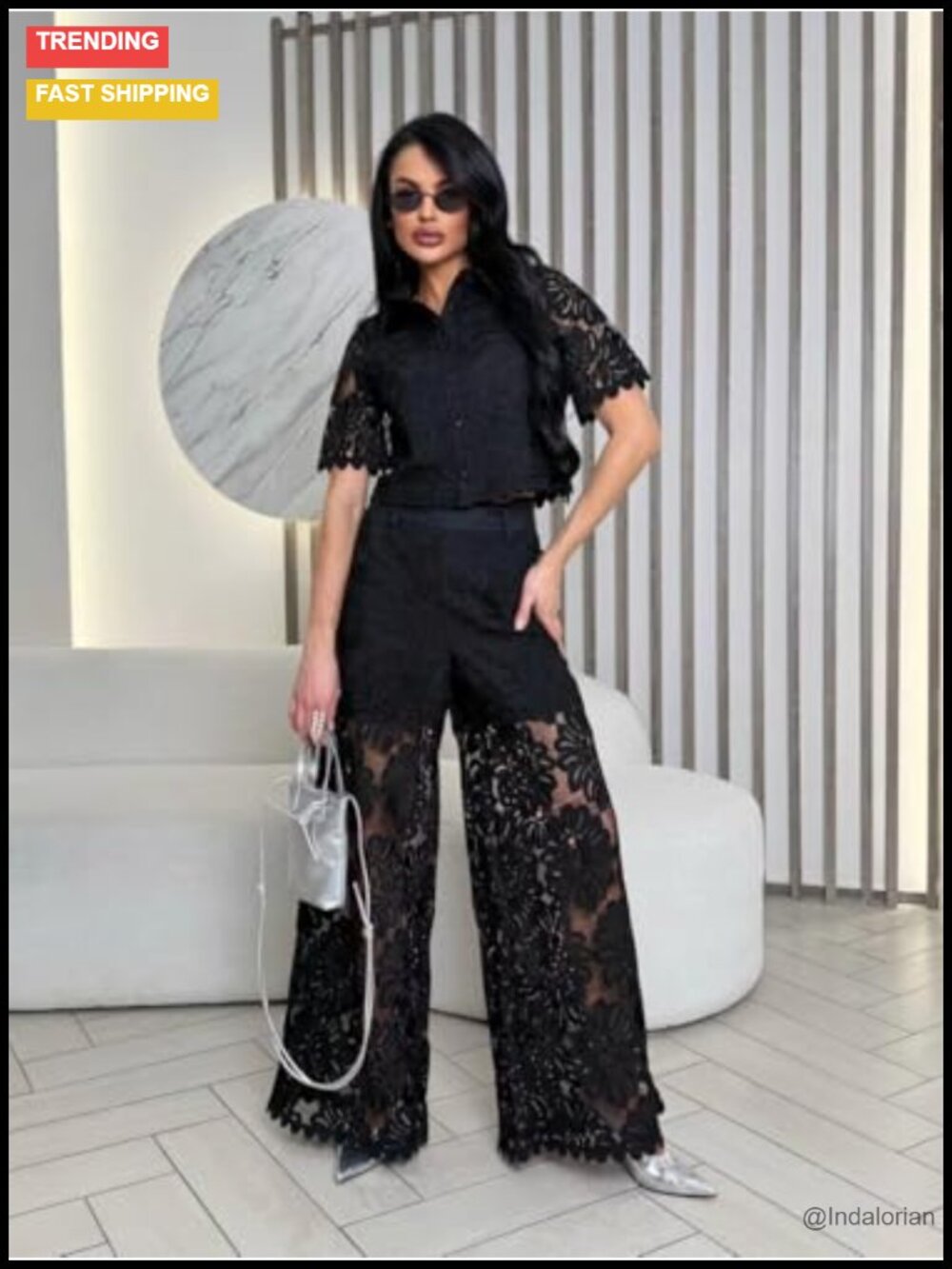 Women's 2 Piece Dressy Lace Crop Top and Pants Set Going Out Outfit